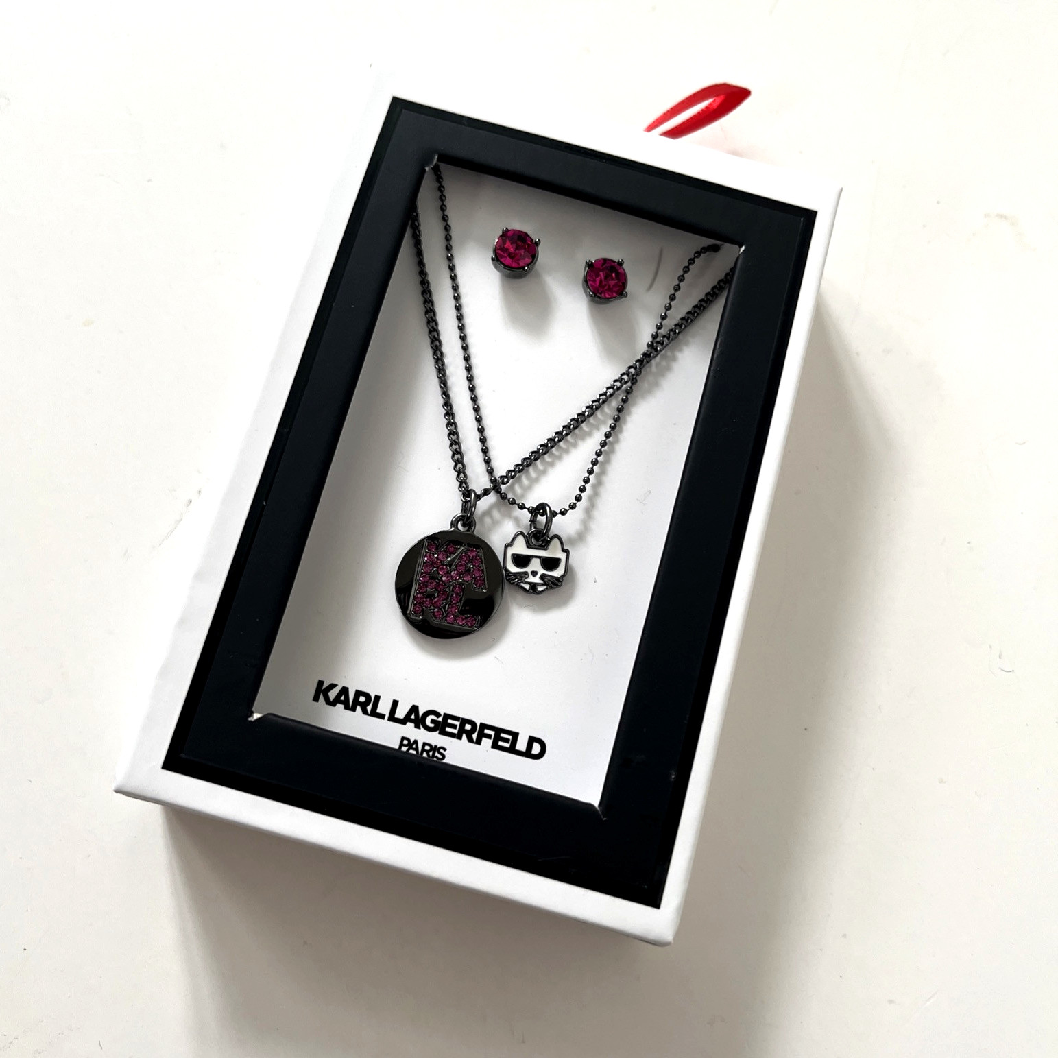 New in Box 2pc KARL LAGERFELD Pavé Logo Layered Pendant Necklace & Stud Earrings