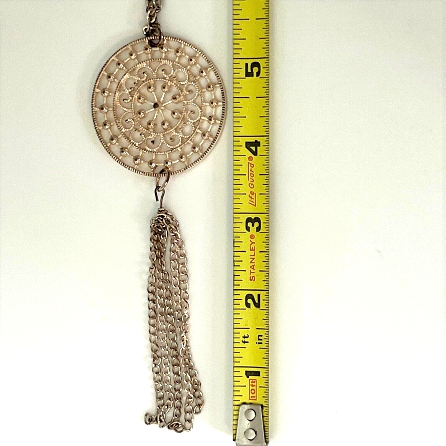 Gold Tone Filigree Medallion Tassel Necklace 32″ Long Boho Statement Pendant
