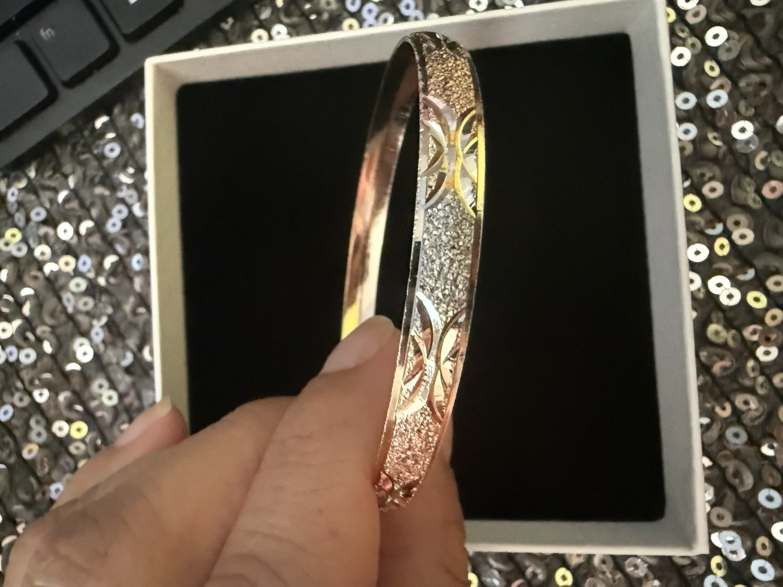 Vintage 14k Gold finish three-Tone Rose Gold/Gold/Silver Tone Textured Bangle