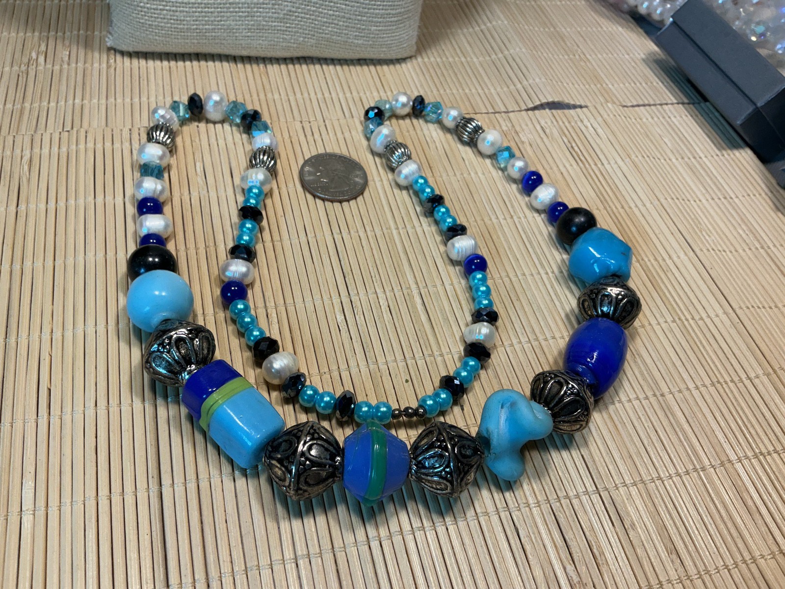 Ethnic Necklace Art Glass Turquoise Blue White Freshwater Pearl Silver Lot 104D