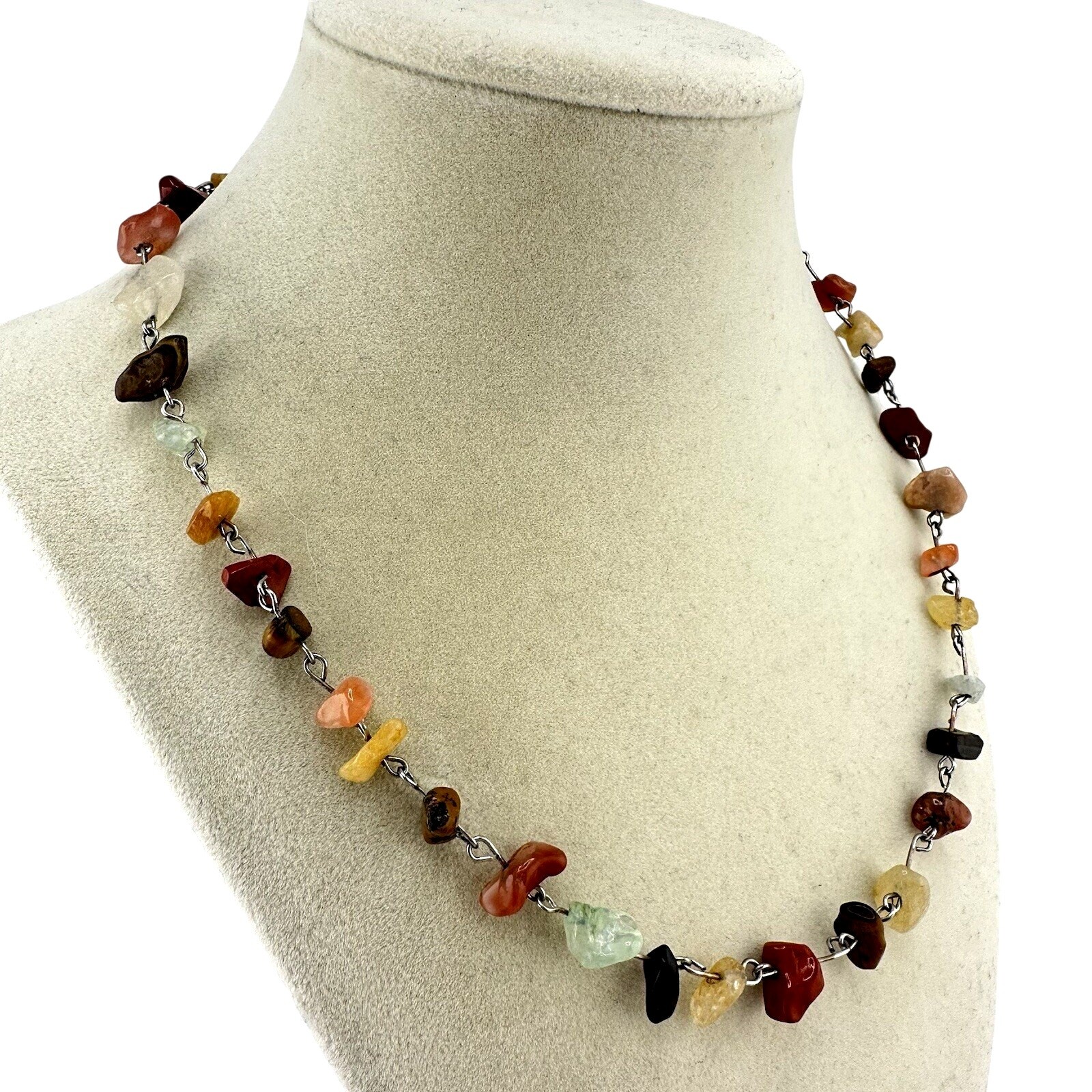 Semi Precious Stone Chips Tumbled Quartz Jasper Agate Silver Tone 20” Necklace