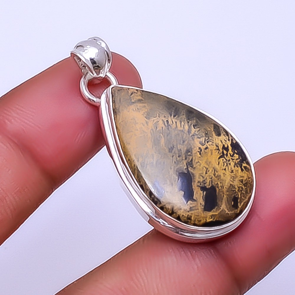 Honey Dendritic Opal – Mexico Gemstone 925 Sterling Silver Pendant 1.72″ P8