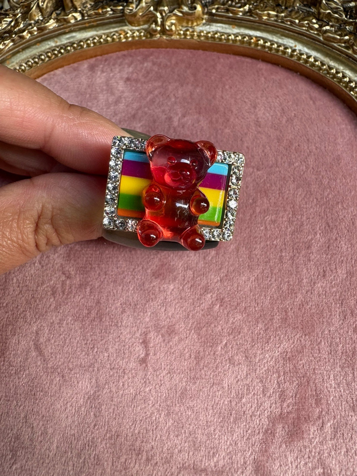 Betsey Johnson Lucite Red Gummy Bear Rainbow Striped Candy Ring VERY RARE