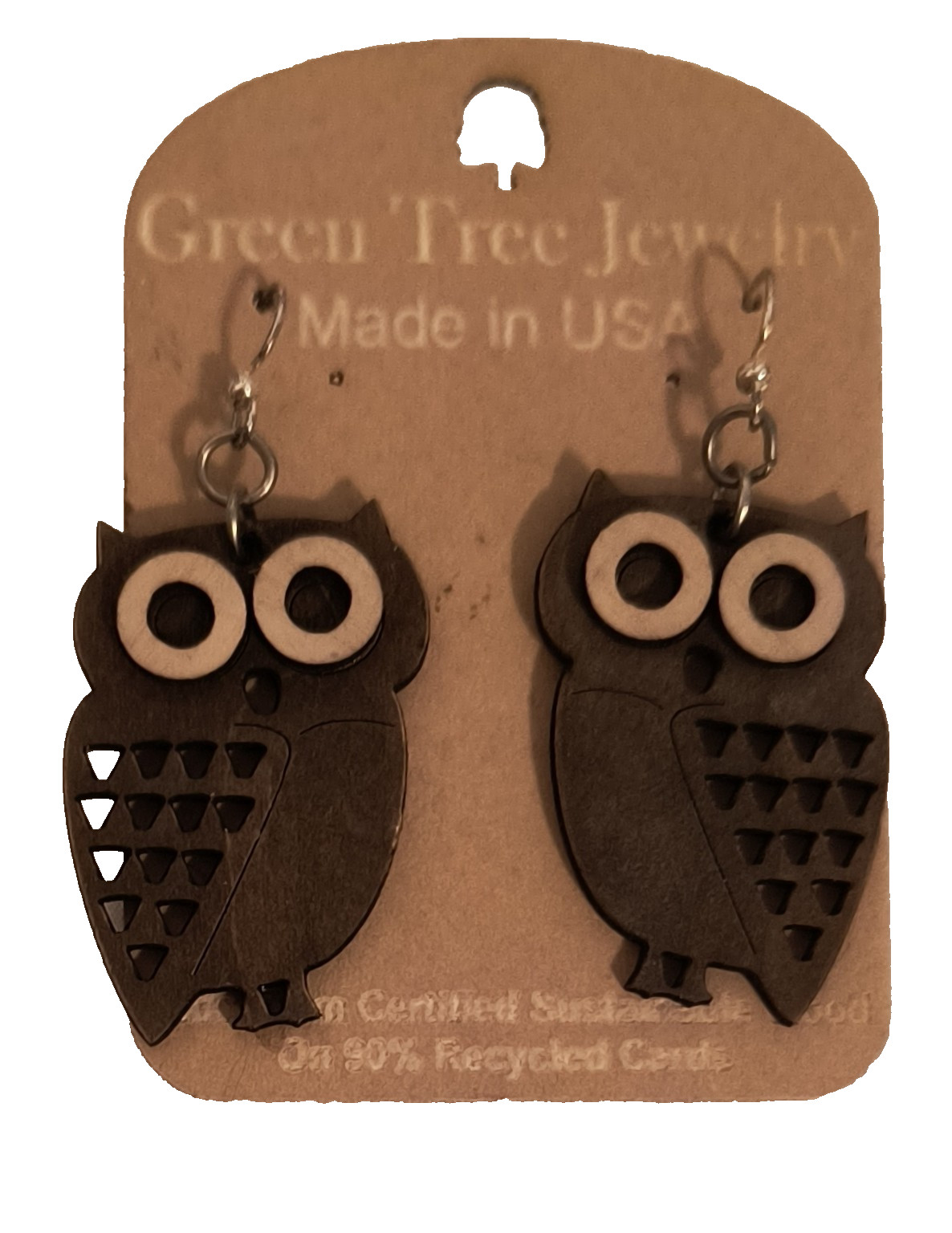New with Tags Green Tea Jewelry Earrings Laser Cut Brown/Beige Owls Hook Closure