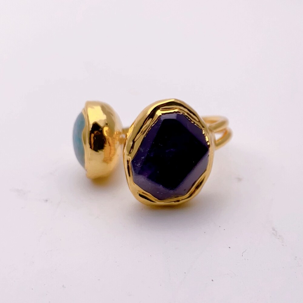 Y·YING Natural Gemstone Ring Green Amazonite Purple Amethyst Ring Handmade