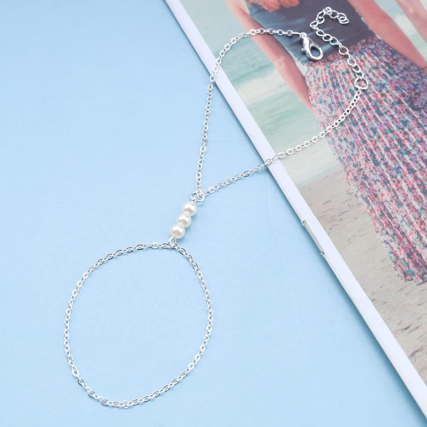 Boho Pearl Finger Ring Bracelet Silver Slave Chain Bracelet Minimalist Ring Wris