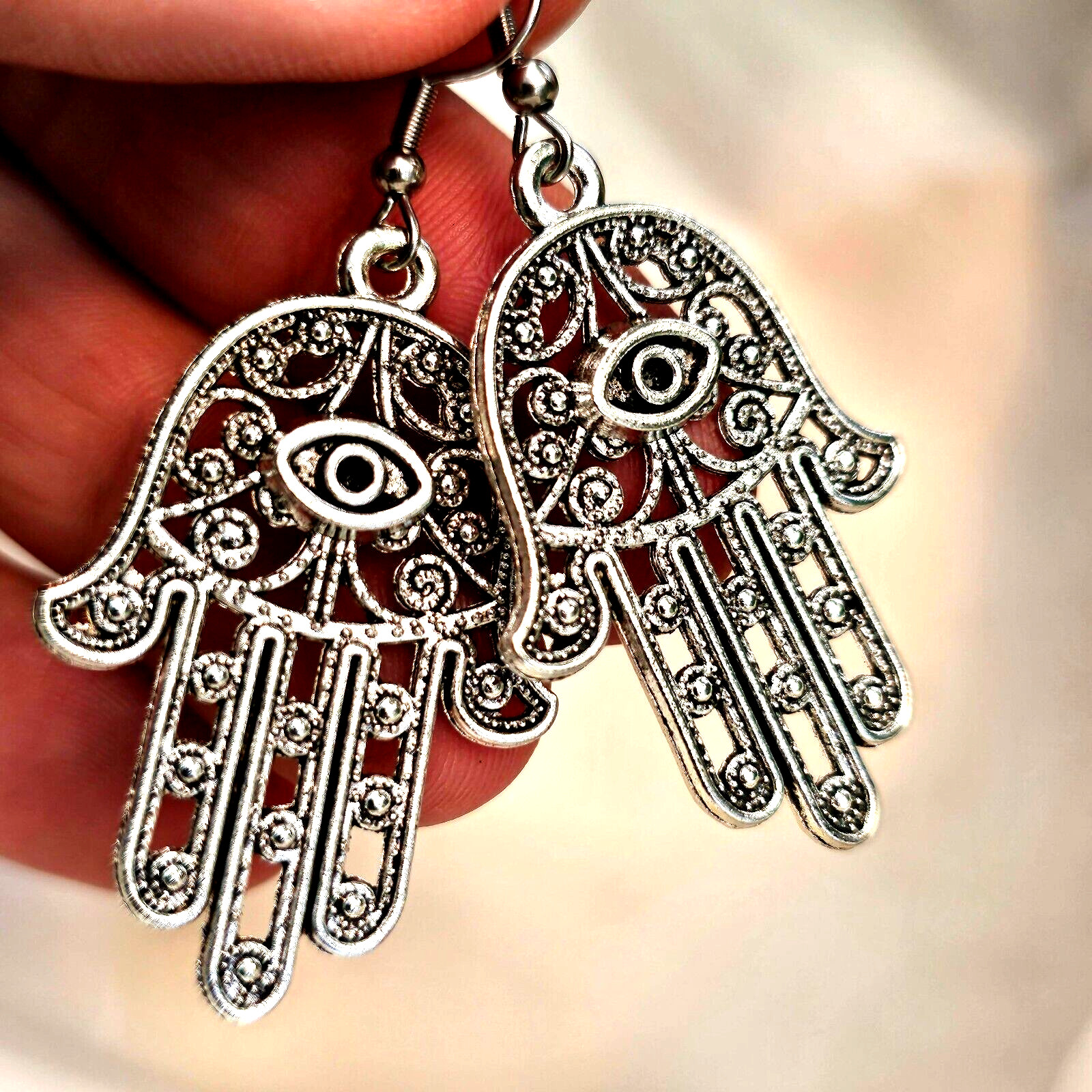 Large Hamsa Earrings Evil Eye Protection Filigree Silver Drop Dangle Jewellery