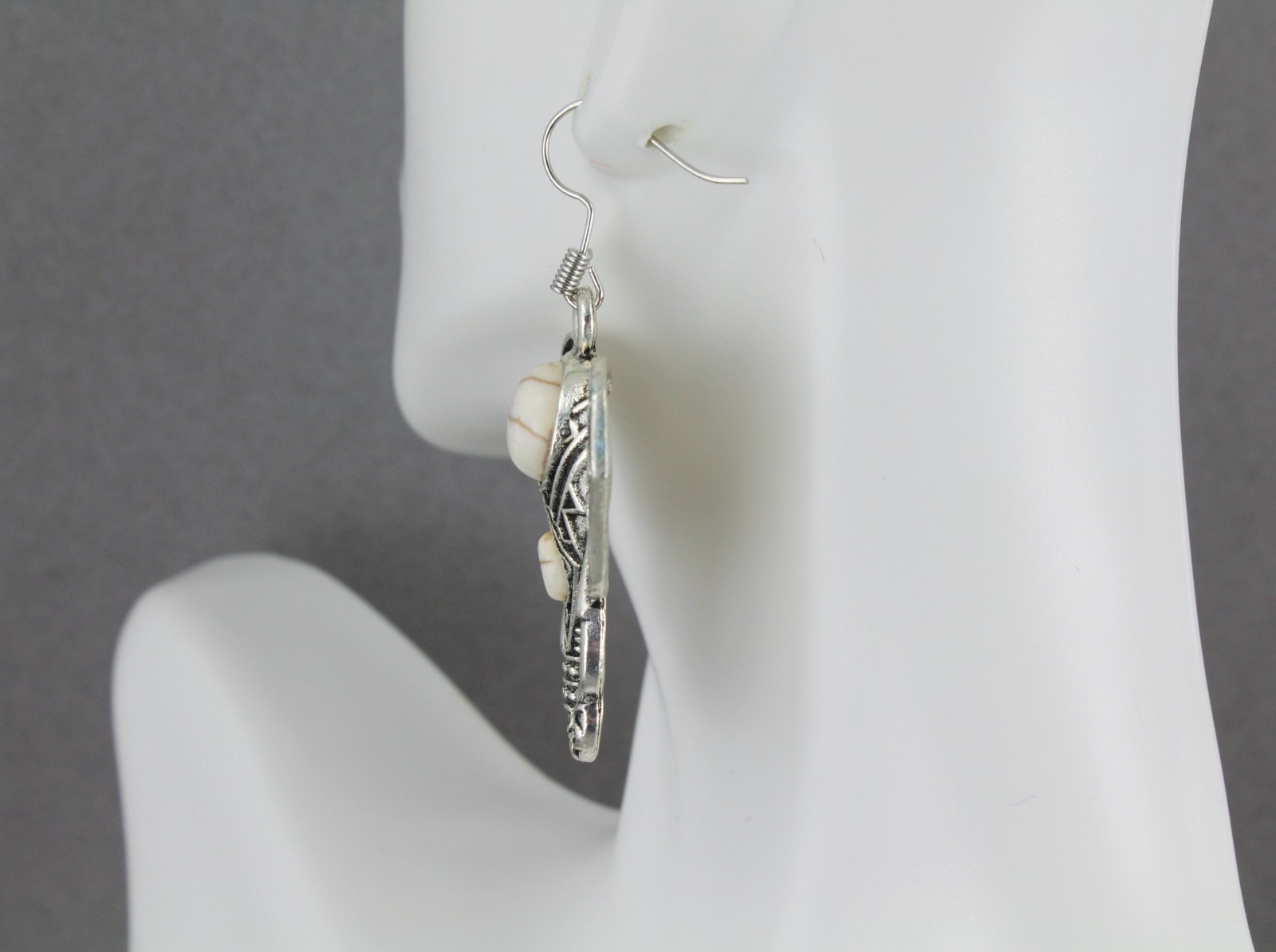 antiqued silver elephant earrings trunk ears pendant 2 1/8″ long cream bead