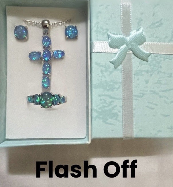 Gorgeous Ocean Blue Fire Opal Cross Necklace, Earrings, Five-Stone Ring 10 Set