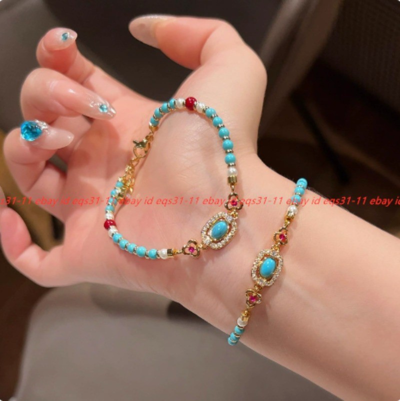 Pretty Natural Blue Turquoise White Shell Pearl Gems Round Beads Bracelet 18cm