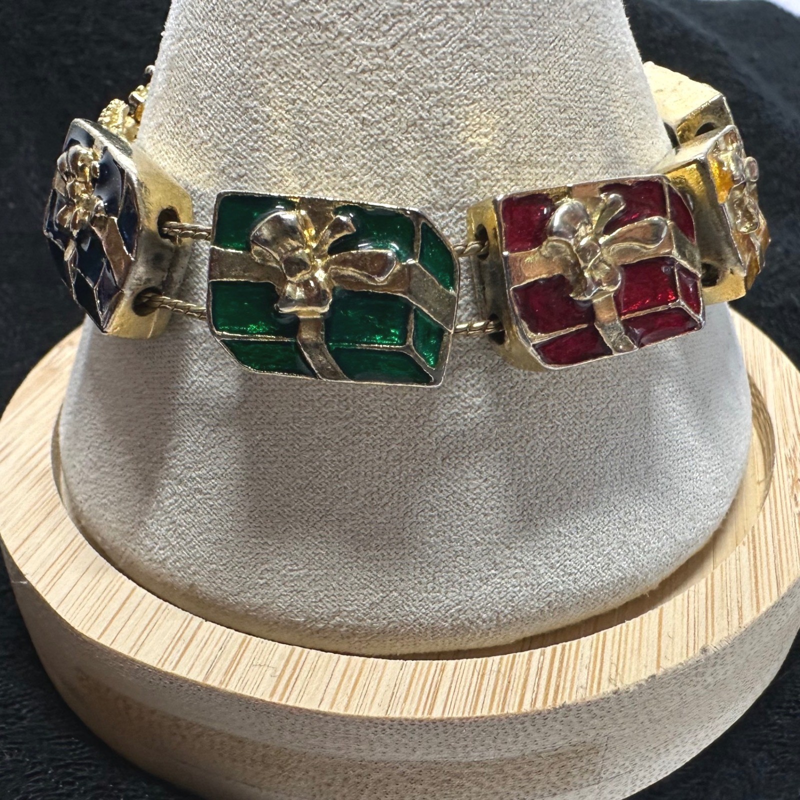 Vintage Christmas Present Bracelet Red Green Blue Enamel Gold Tone Holiday