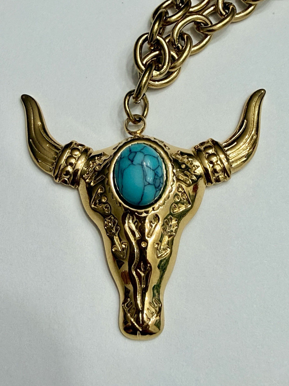 18k Gold Plated Bull Skull Charm Pendant Necklace Blue Turquoise Cable Chain