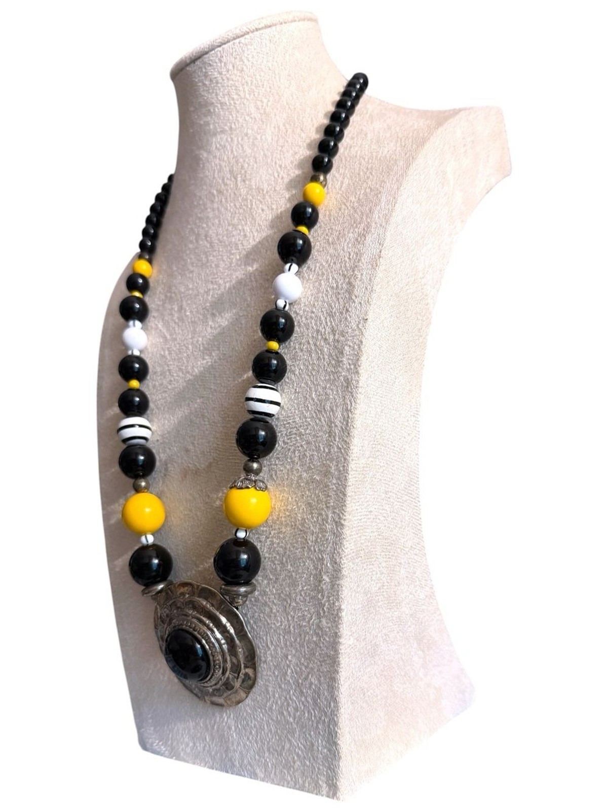 Black, Yellow & White Beaded Statement Necklace with Silver-Tone Pendant