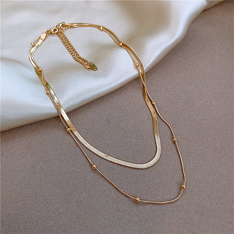 Woman 18K Gold Plated Stainless Steel 2 Layers Beaded Snake Chains Necklaces