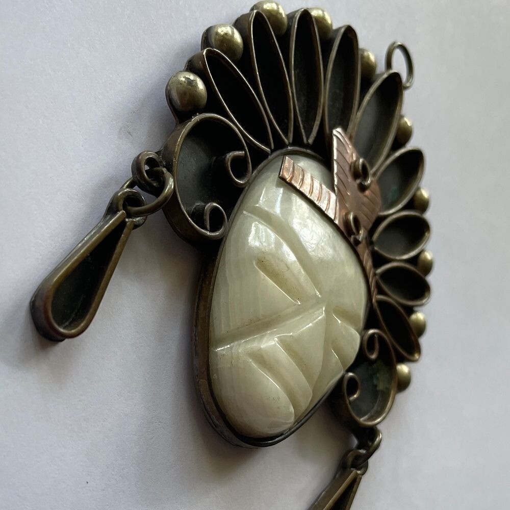 Large Vintage Mexican Carved White Onyx Aztec Warrior Pendant Copper Brass