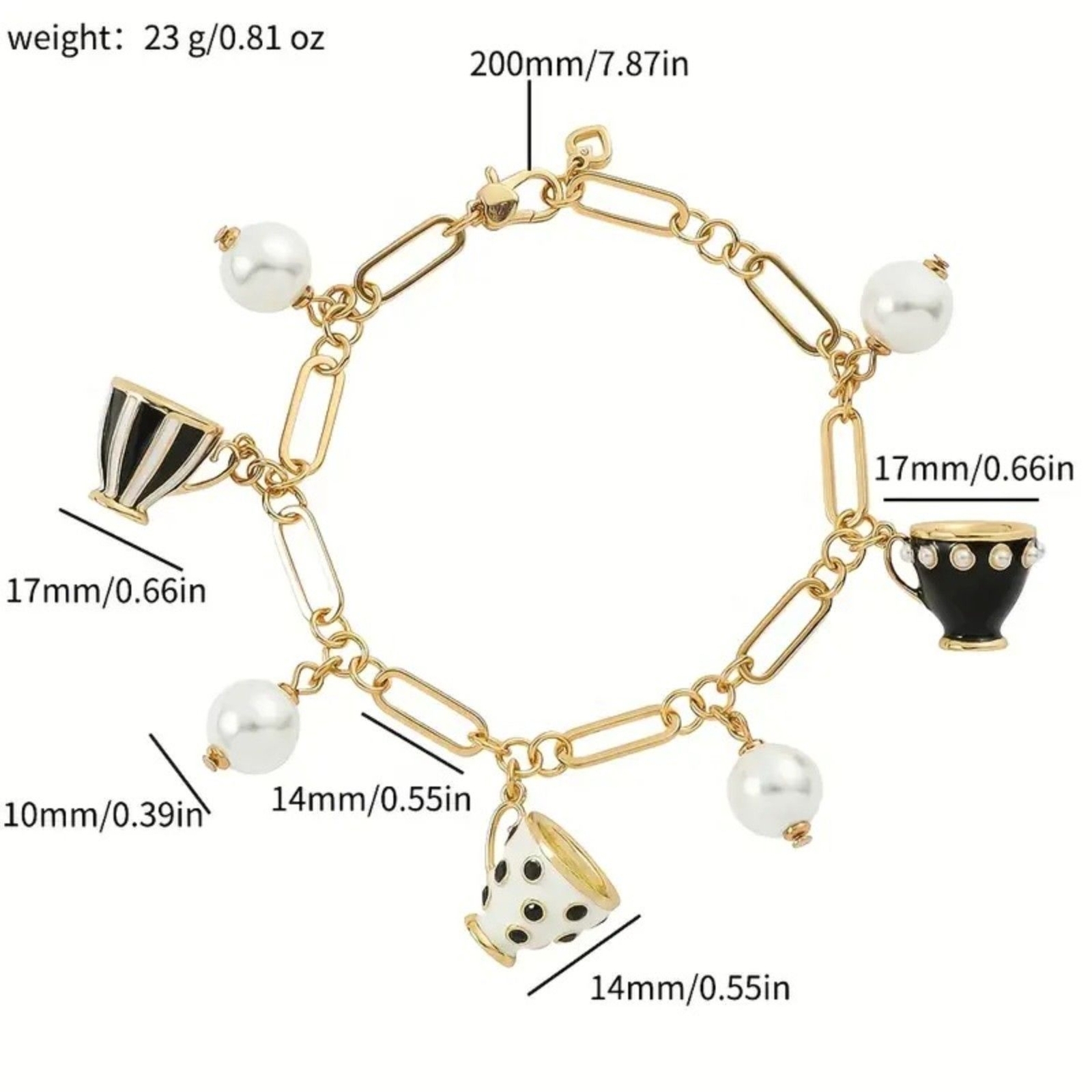 Alice in Wonderland Mad Hatter Tea Party Gold black and white bracelet