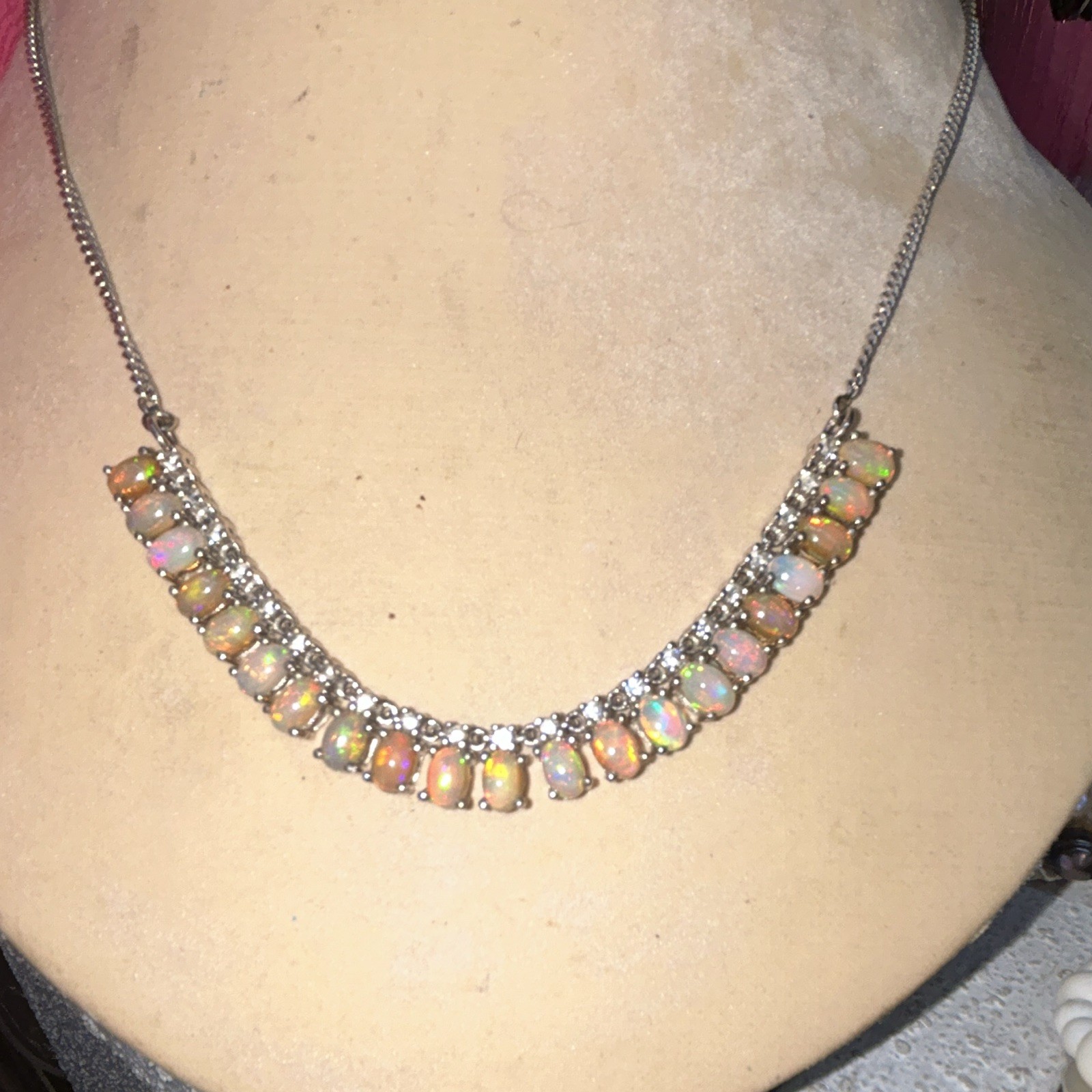 925 SS Oval Opal & Crystal Bar Necklace, Box Chain, 2 inch lengthener