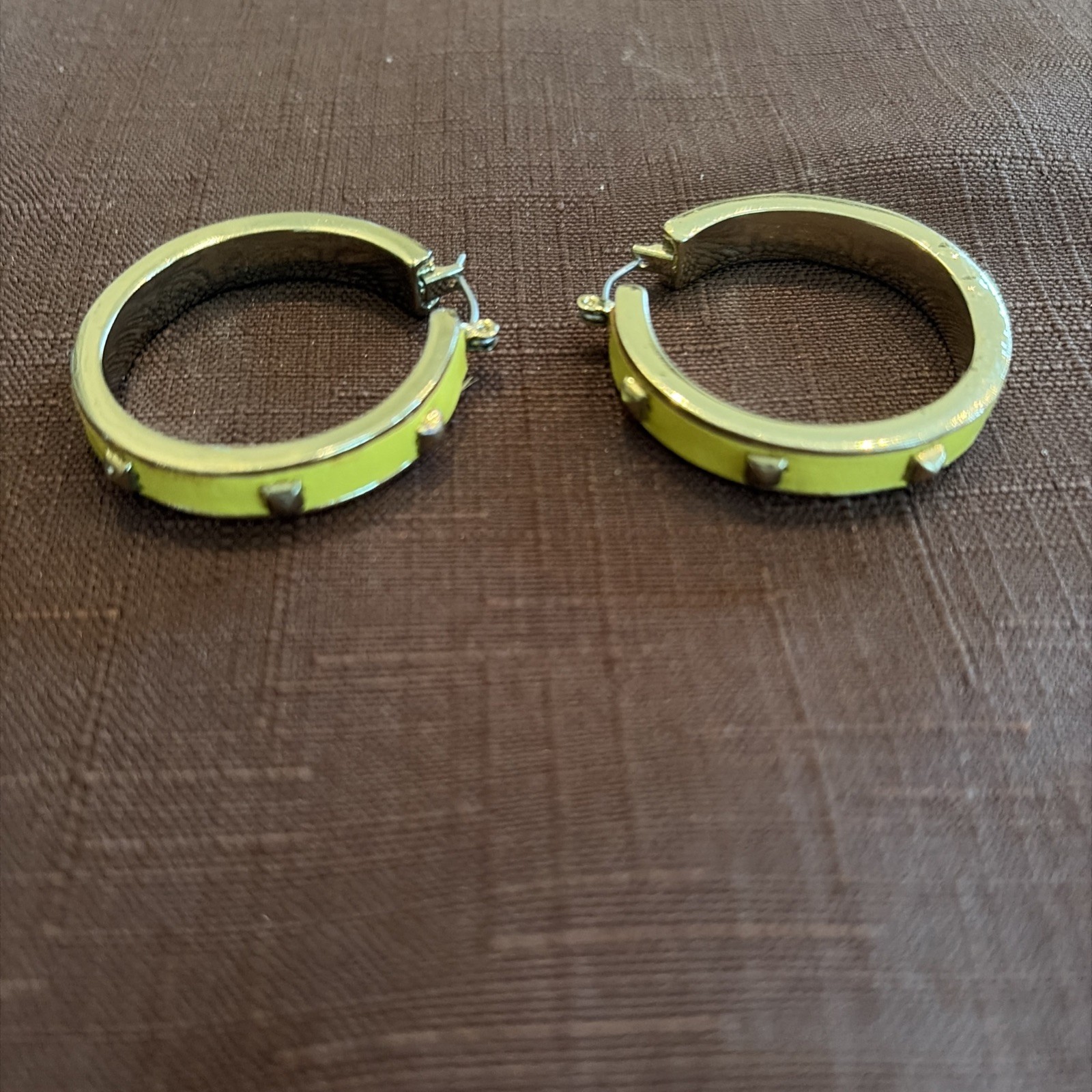 Yellow Enameled Gold Tone Hoop Dangle Earrings with stud accents, Branded LC