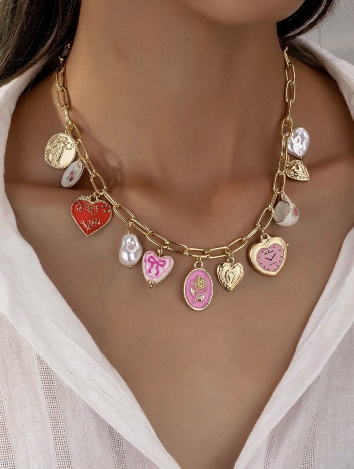 Handmade Women’s Heart Clock Pendant Charm Necklace Valentines Vintage Style