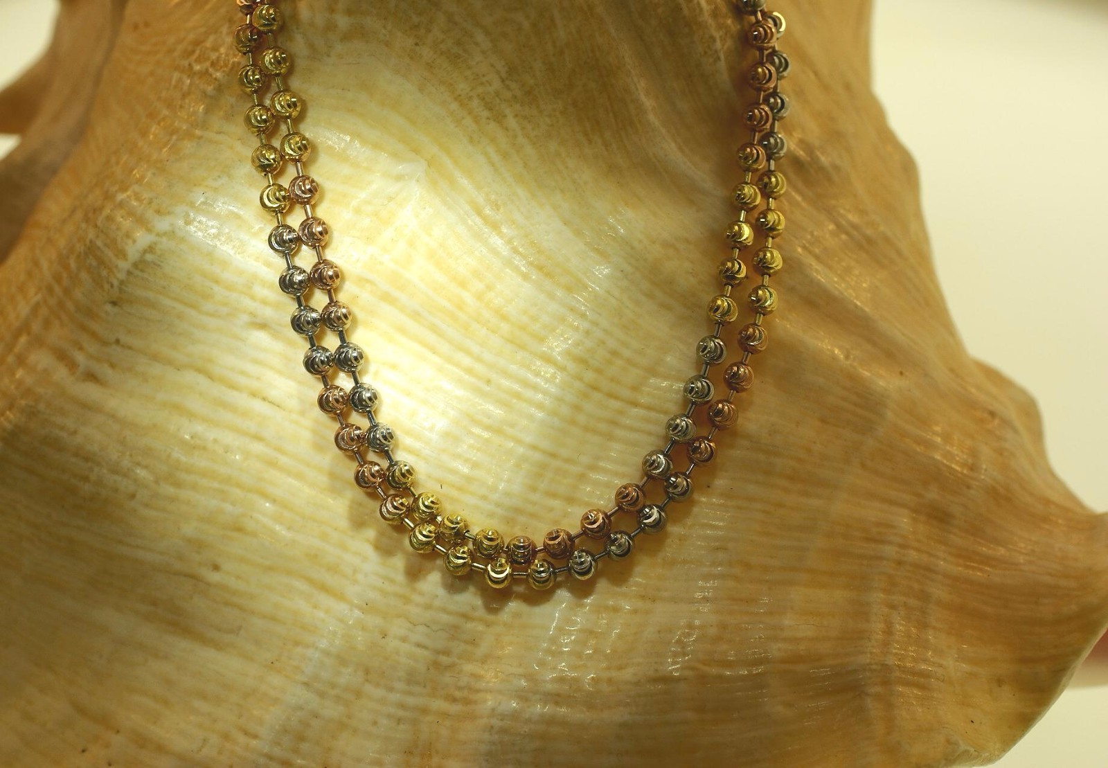 3MM ITALIAN TRICOLOR GOLD PLATED 925 SILVER SPARKLY DC BALL BEAD CHAIN NECKLACE