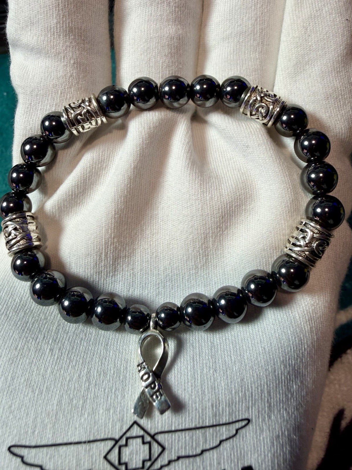 🔥Help! Black Beaded Stretch Slip-On Bracelet, Silver Cancer Awareness Ribbon🔥