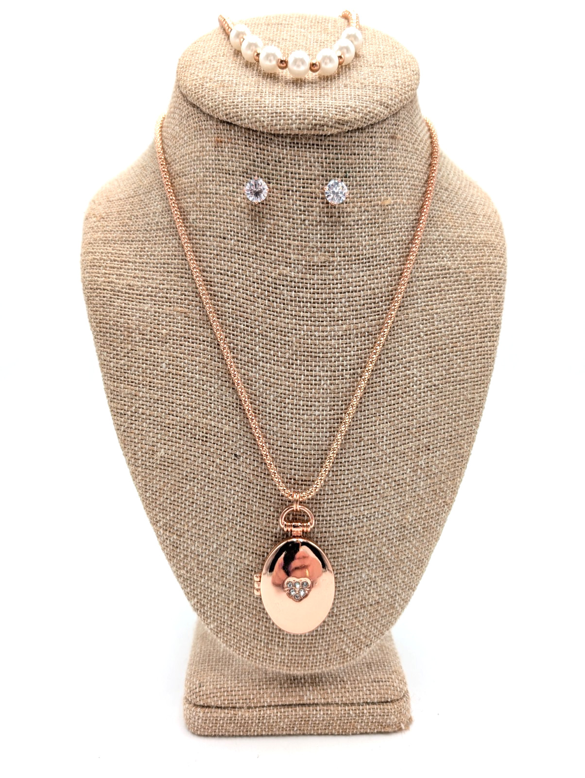 Avon Rose Gold Tone Heart Solid Perfume Locket Necklace with Bracelet & earrings