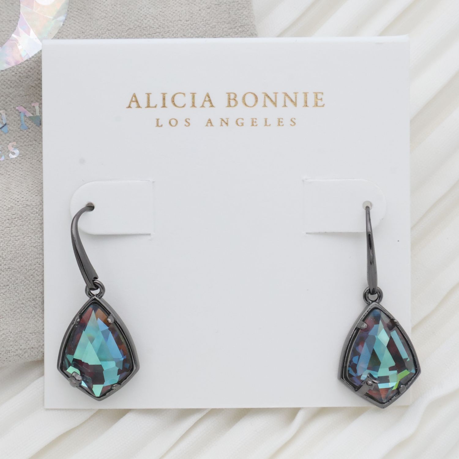 Alicia Bonnie Miley Light Gray Dichroic Glass Gunmetal Black Drop Earrings