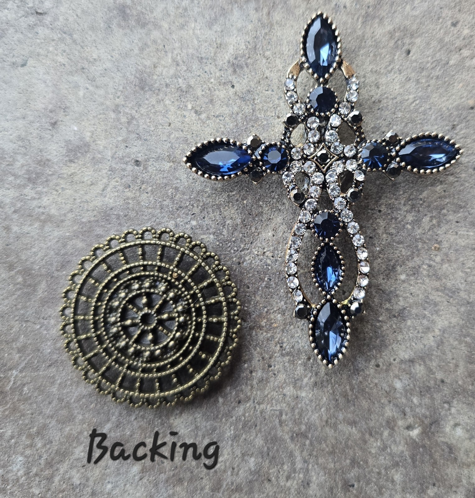 Blue Gold MAGNETIC Crystal Cross Brooch. Christmas brooch Easter brooch Pin Free
