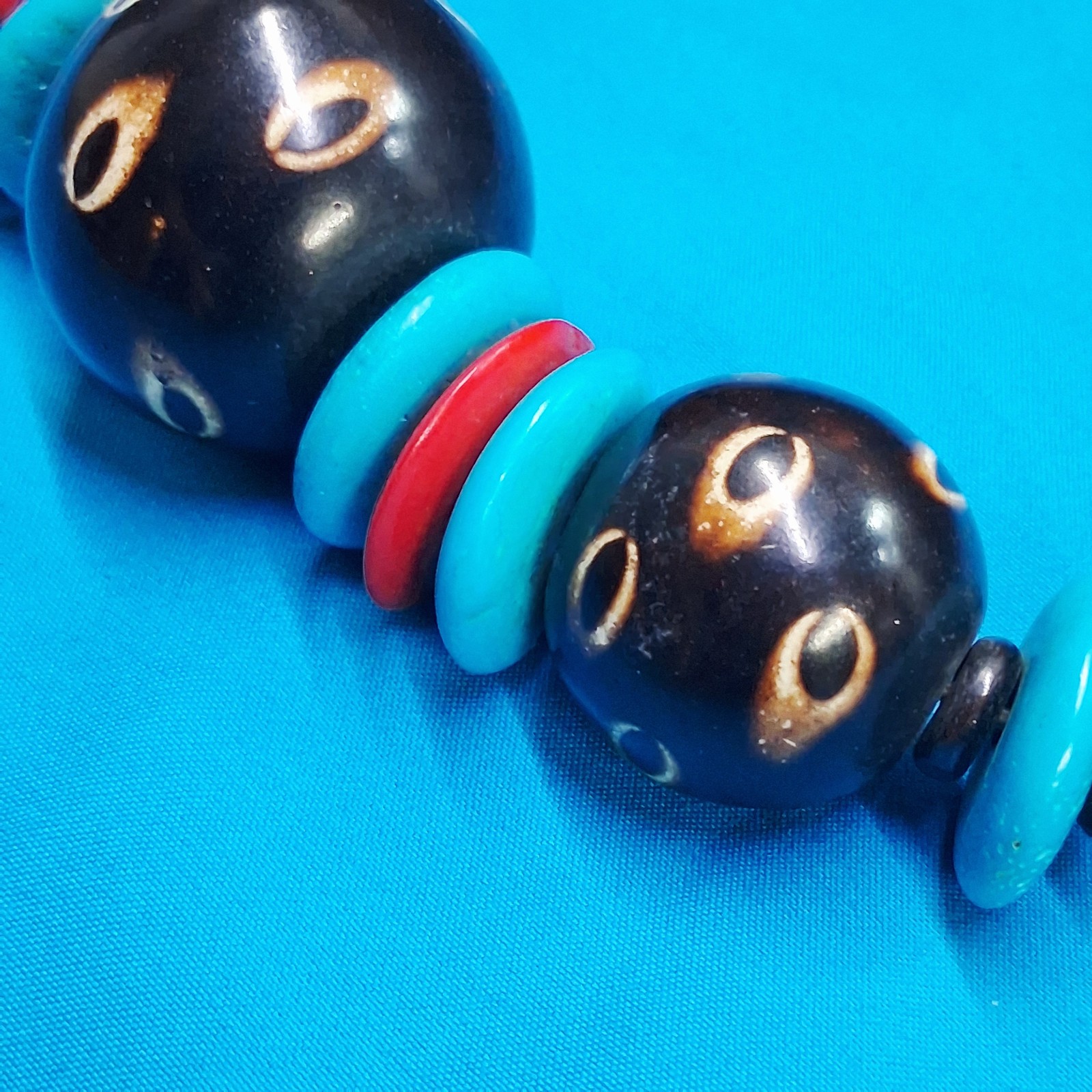 Vintage Channel Set Wood Bead Dotted Design Statement Necklace