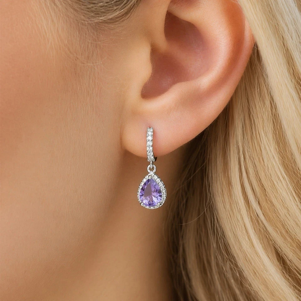 2.50Ct Pear Cut Simulated Amethyst Wedding Hoop Earrings 14K White Gold Plated