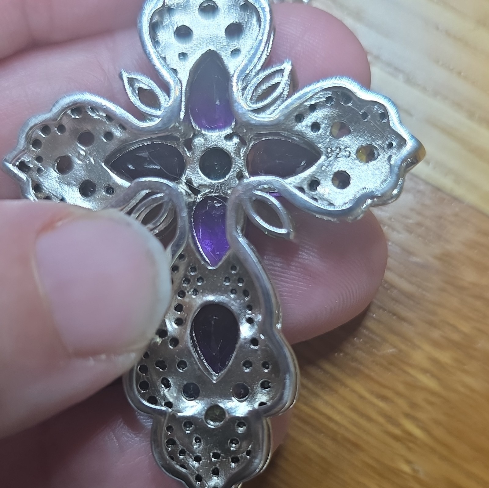 925 Sterling Silver Rope Chain Cross Pendant Necklace w/ Amethyst Peridot Black