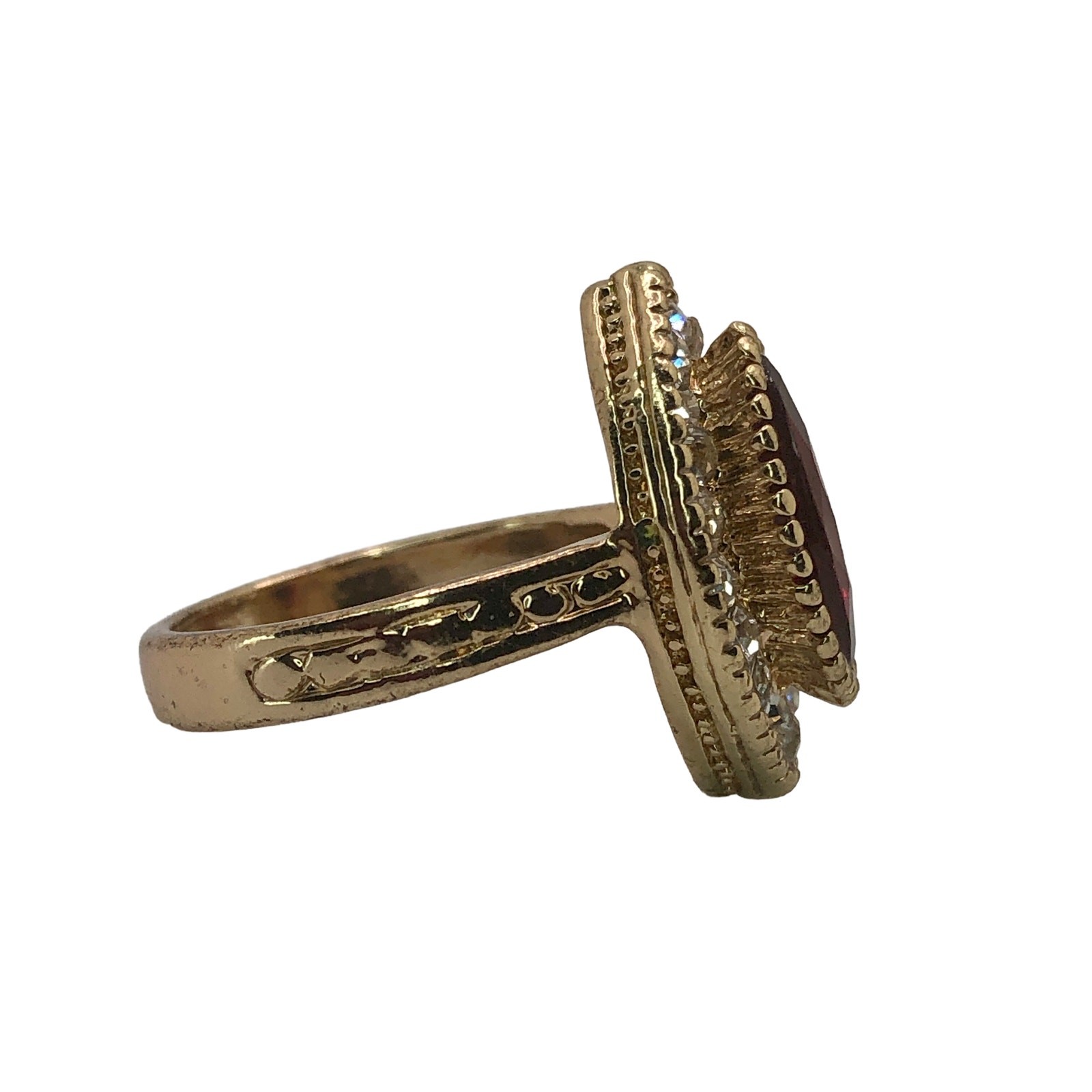 Womens Gold Tone Red Rhinestone Marquise Statement Cocktail Fashion Ring Sz 6.5