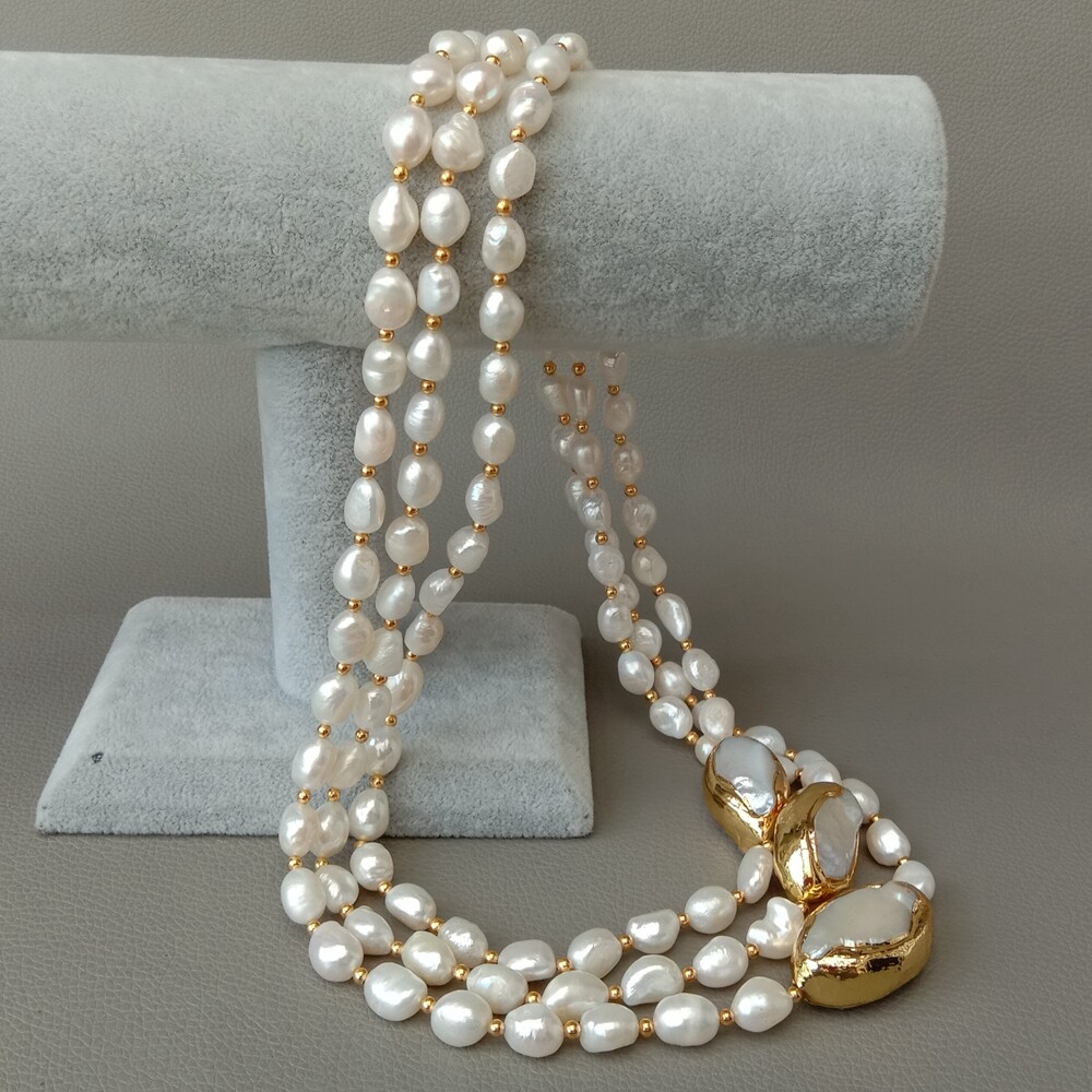 3 rows Cultured Baroque Pearl Necklace Keshi Pearl Gold Plated Connector 20″