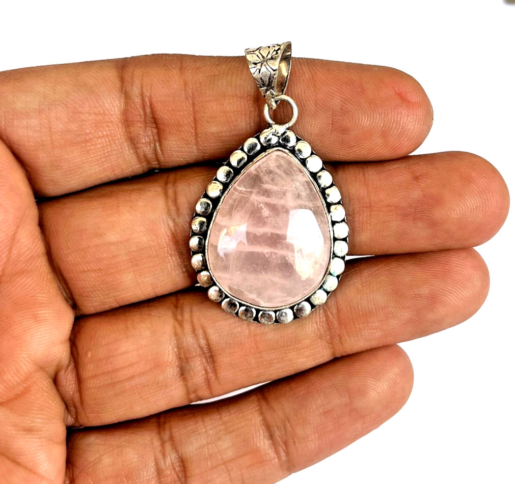 Natural Rose Quartz Necklace Pear Pendant Healing Crystal 24 Inch Chain Gift
