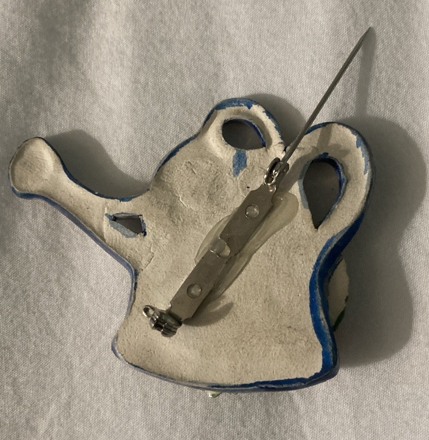 Watering Can Brooch or Pin Blue With Colorful Enamel Flowers
