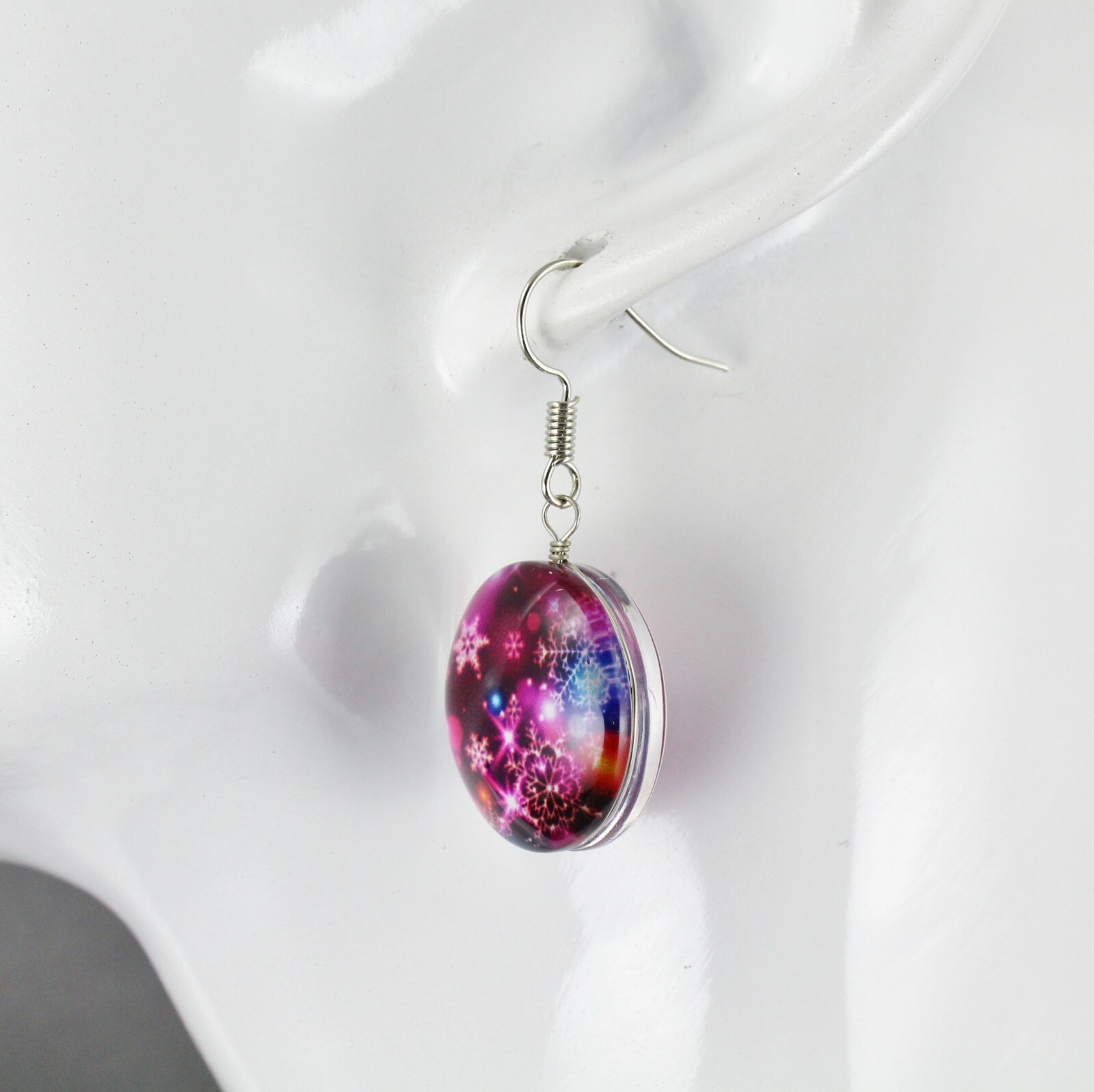Pink snowflakes earrings earrings dangle jewelry 1 5/8″ long snowy night