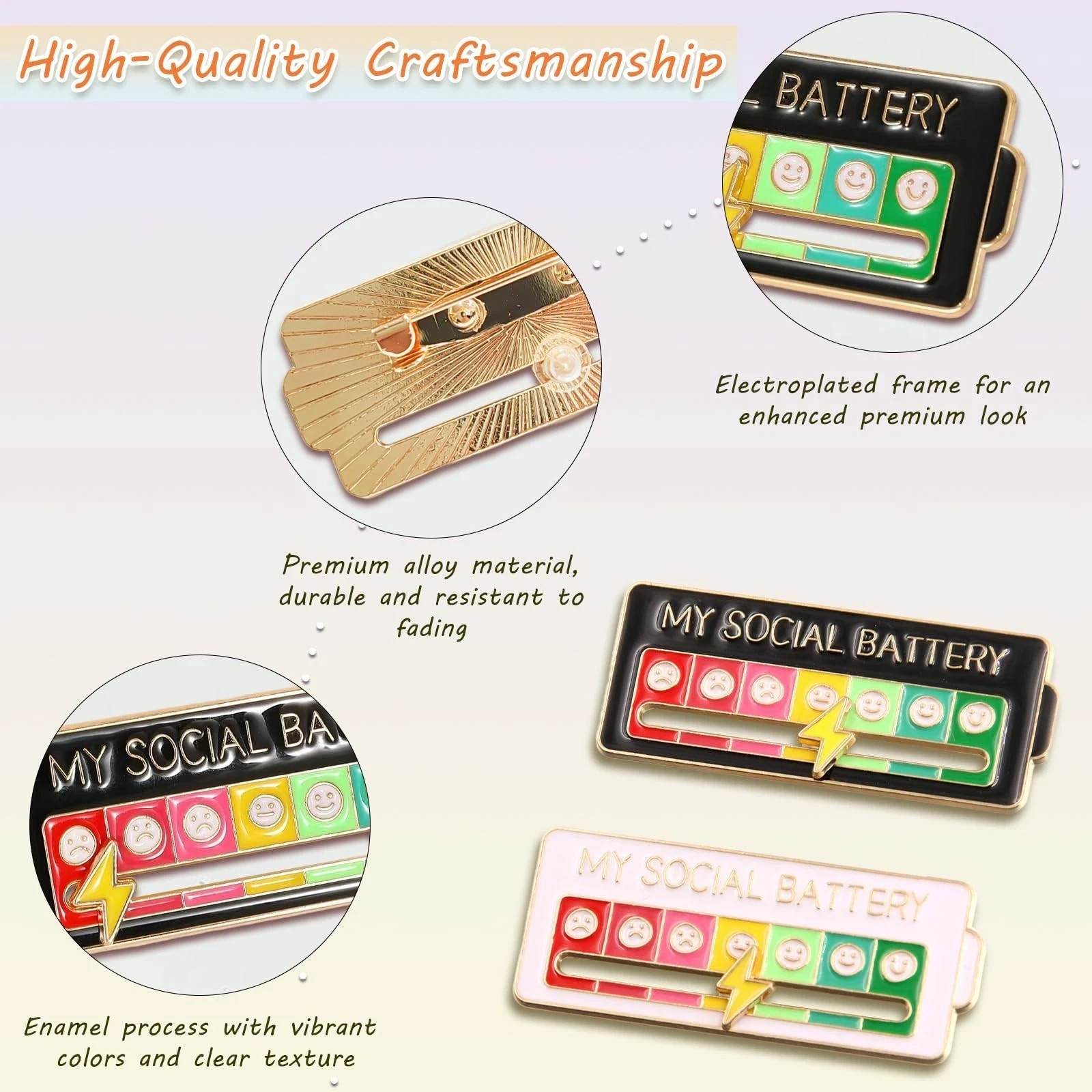 Funny Social Battery Slider Pin – 7-Mood Expression Badge, Cute Interactive Pin
