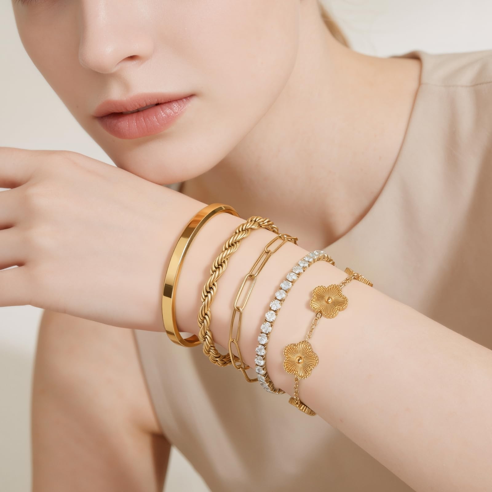 18K Gold Plated Women’s Bracelet Set – Waterproof, Non-Tarnish, Chunky & Floral