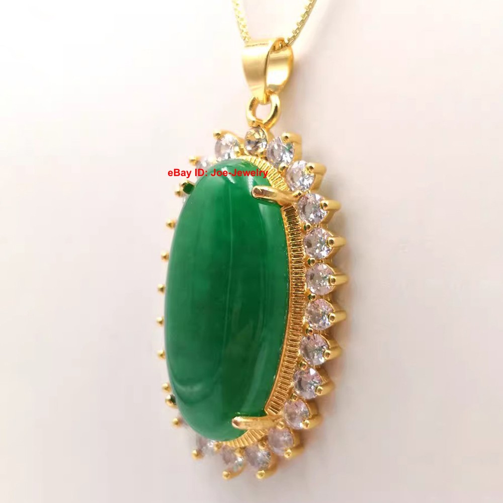 Yellow Plated Alloy Heated Oval Green Jade Pendant Vintage Chinese Style 48mm H