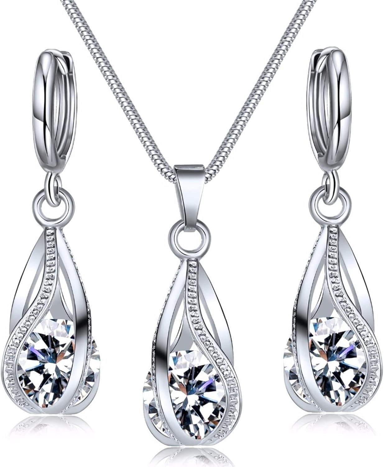 Elegant Silver Jewelry Set with CZ Pendant Necklace & Earrings for All Occasions
