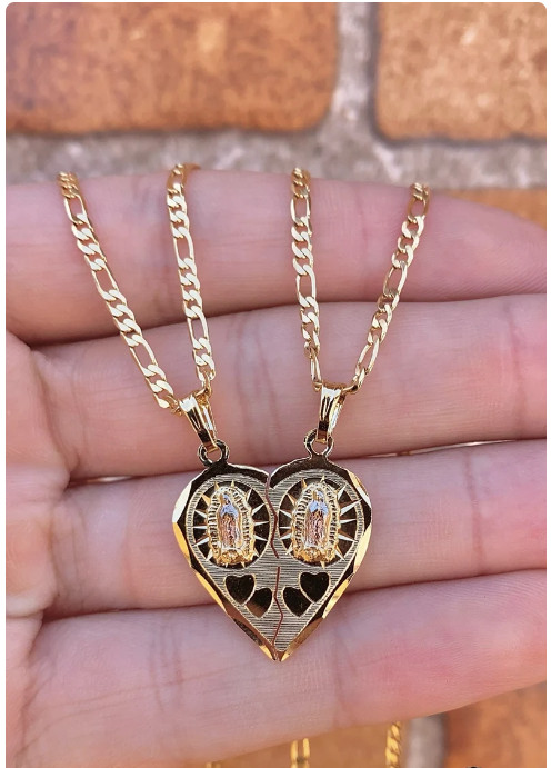 Virgencita de Guadalupe Pendant Heart Broken 14K Gold Filled Necklace 22″ Figaro
