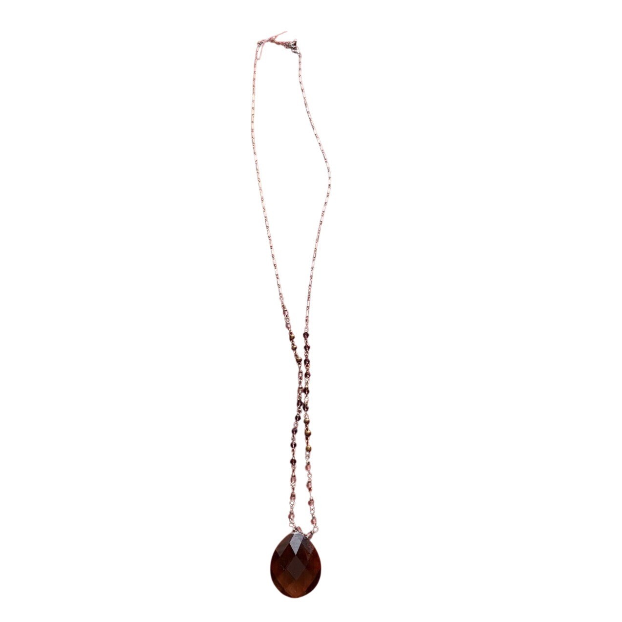 Boho Smoky Brown Faceted Teardrop Pendant Necklace Purple Beaded Silver Chain