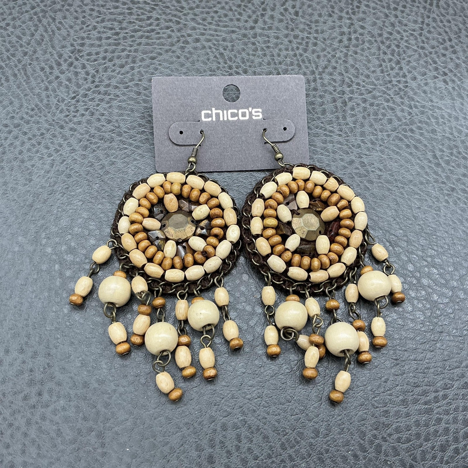 Chicos Earrings Brown Beaded Wood Chandelier Womens French Wire Boho Jewelry