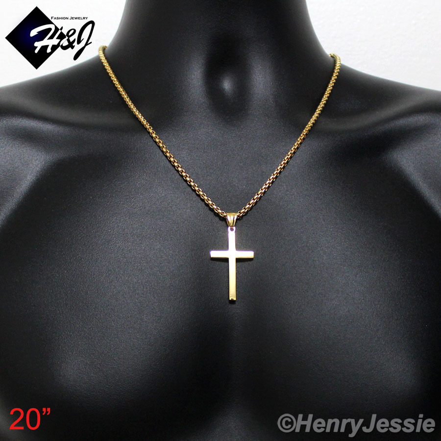 20″MEN Stainless Steel 2mm Gold Plated Box Link Chain Necklace Cross Pendant*GP