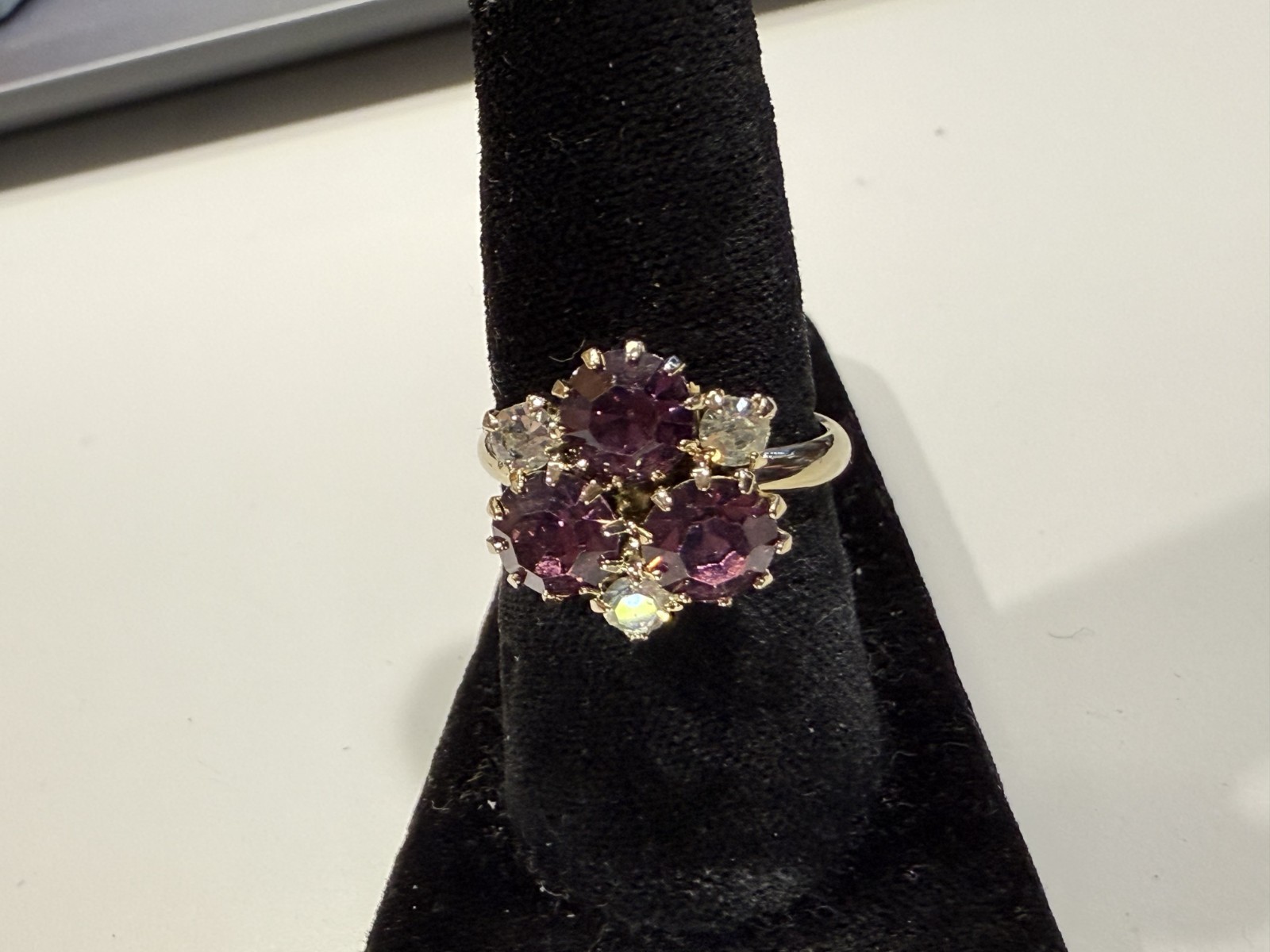 Gold tone with purple & clear stone cluster fashion ring Size 6.5 adjustable
