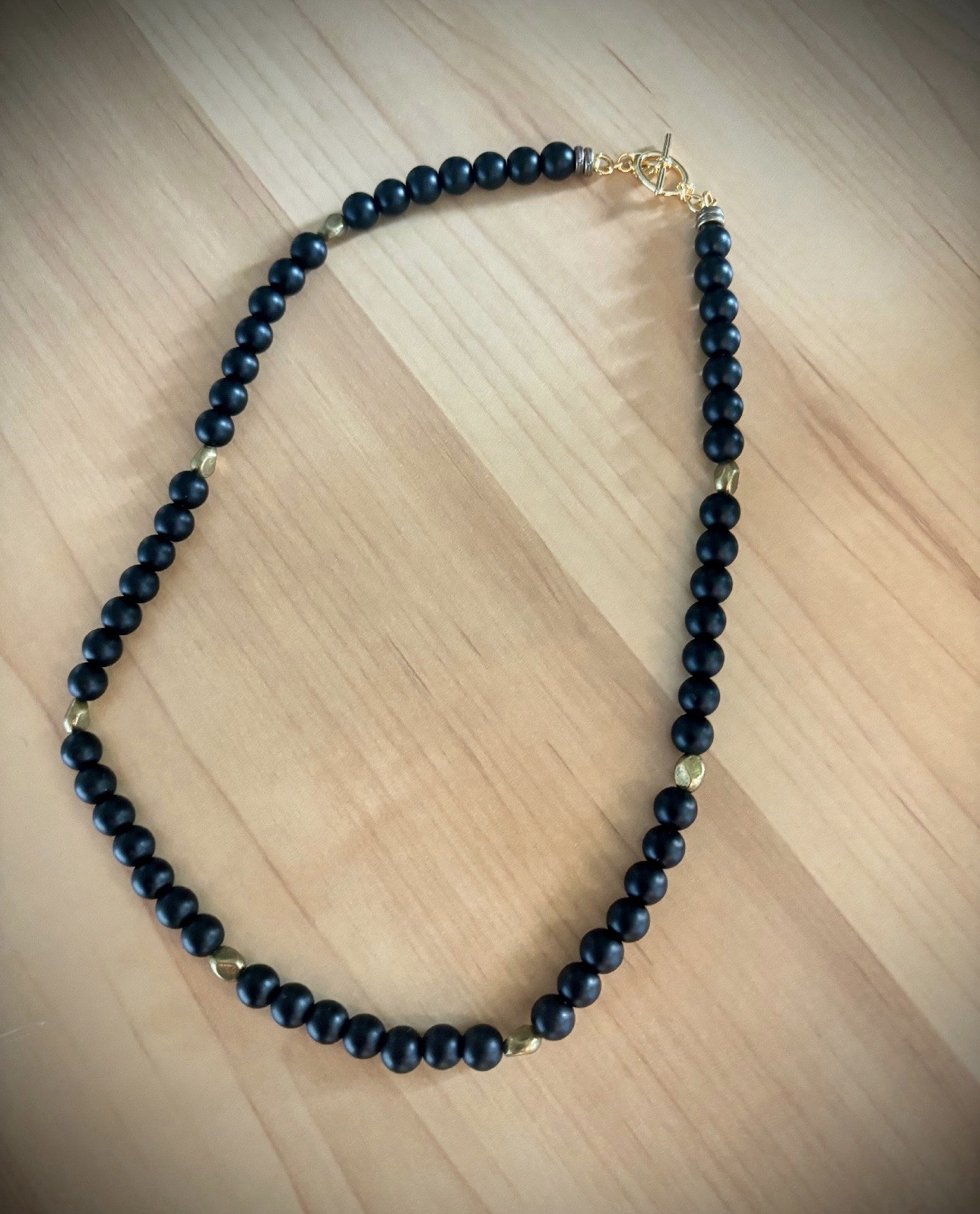 Black Beaded Necklace, Gold Tone Lobster Clasp, Ball/Bead Chain