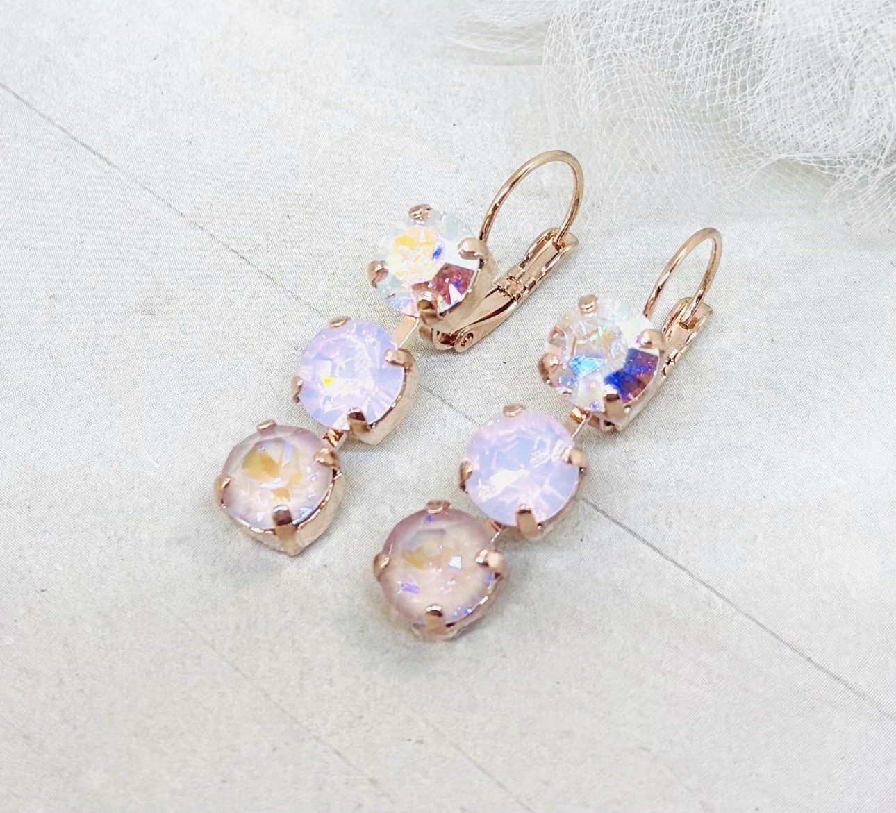 8mm Rose Gold Dusty Rose Pink and Crystal AB Triple Stone Cup Chain Earring Pair