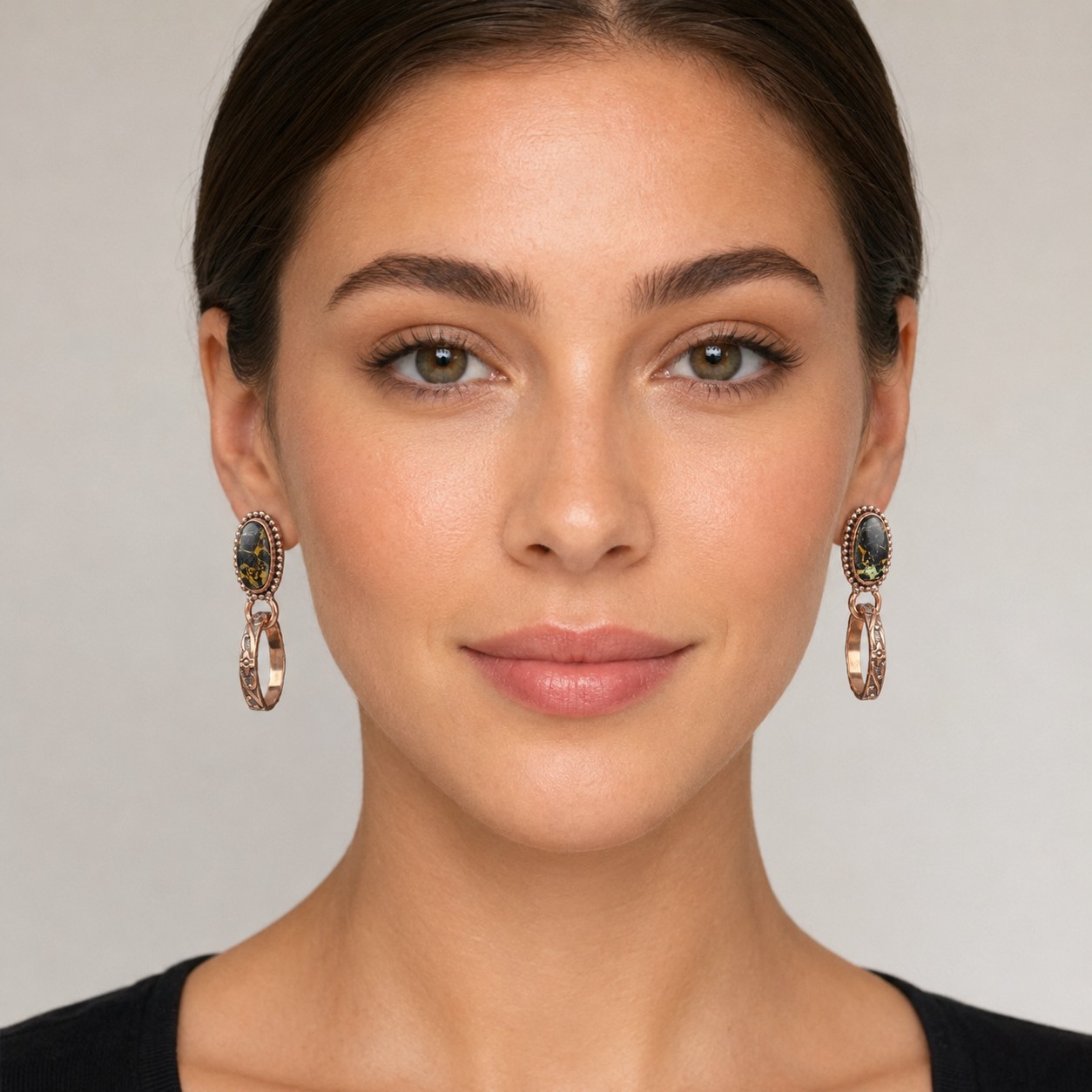 Black Jack Turquoise Copper Hoop Earrings Dangle Southwestern Native Style