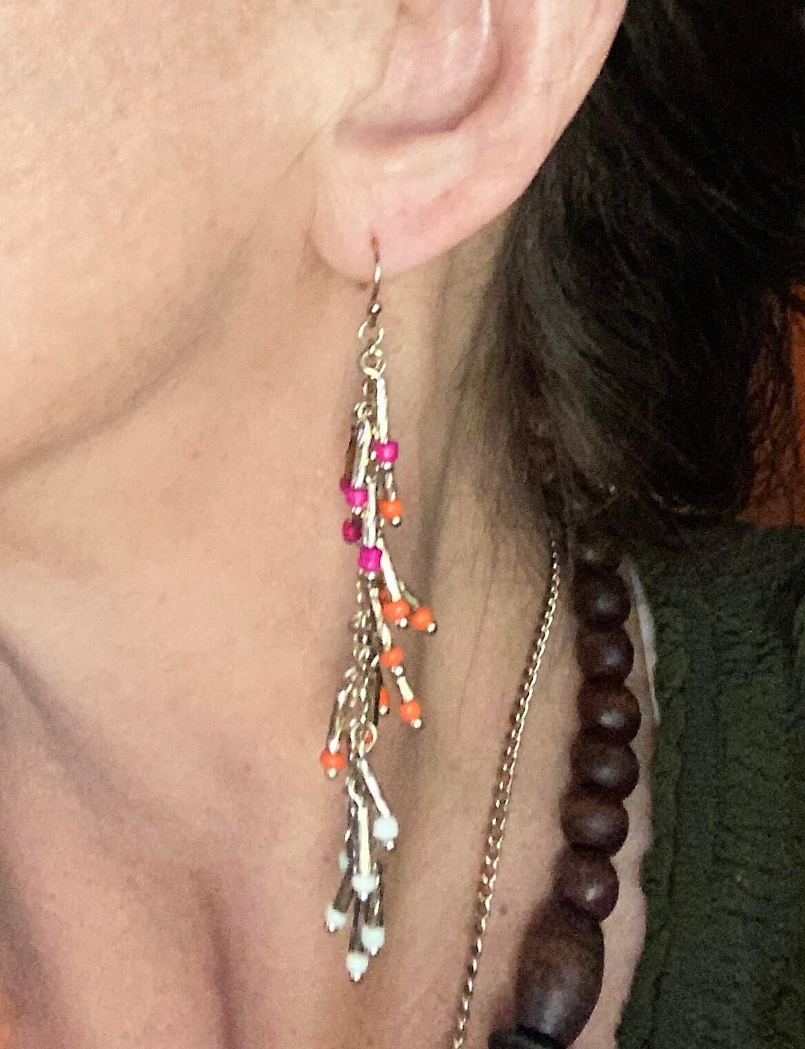INC Concepts Pink Orange White Bead Gold Tassel Waterfall Earrings Free Bracelet