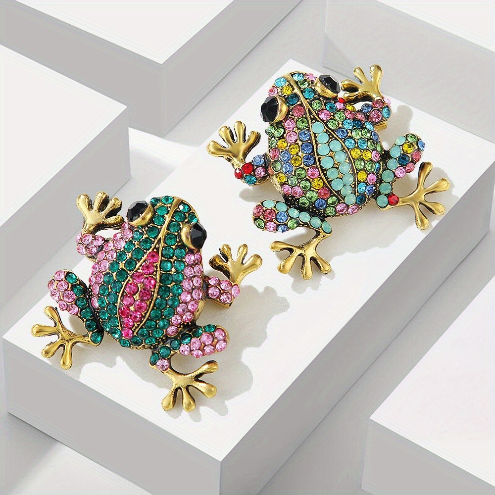 2 Pcs Vintage-style Frog Brooches, Sparkling Rhinestone-zinc Alloy Animal Pins.